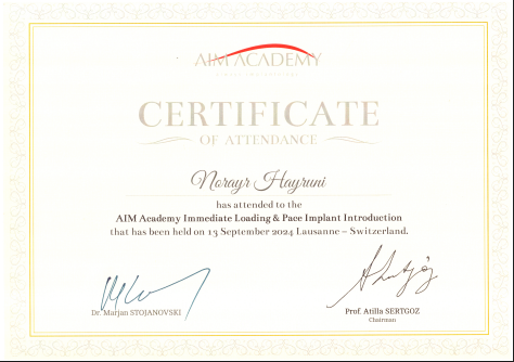 մասնակցել է AIM Academy-ի անհապաղ բեռնմամբ և Pace իմպլանտների ներդրման